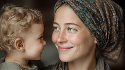 Obraz premium A joyful Muslim mother in a black hijab laughs and plays with her cheerful young son, cinematic vertical lifestyle photography.