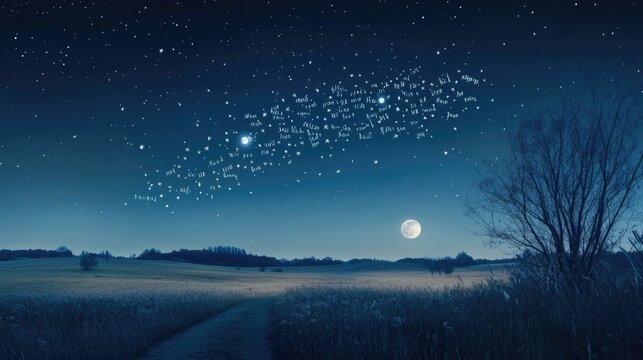 A moonlit night with poetic words forming constellations in the sky above a peaceful landscape