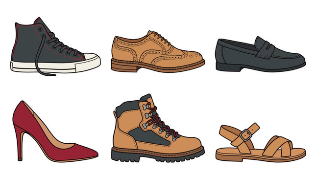 Collection of various stylish shoes including sneakers and high heels