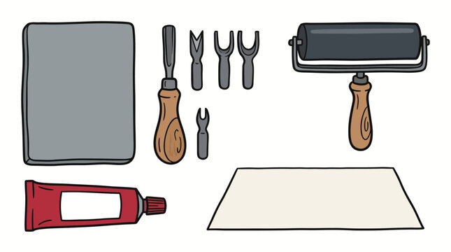 A set of printmaking tools including a brayer, carving tools, and ink on isolated for artistic projects