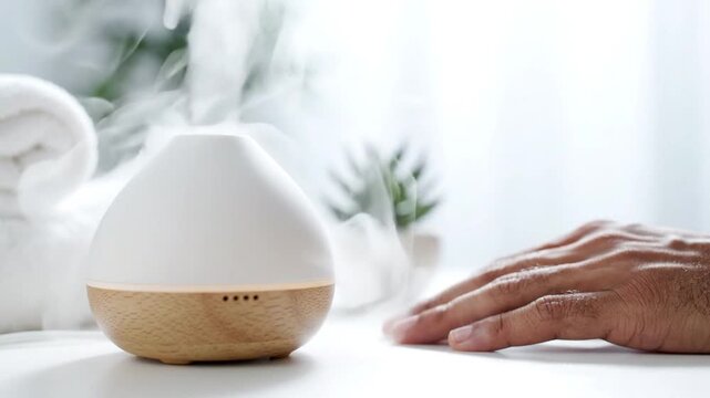 Aromatherapy diffuser releasing steam, creating a peaceful and serene atmosphere with a person's hand nearby, ideal for wellness and spa concepts