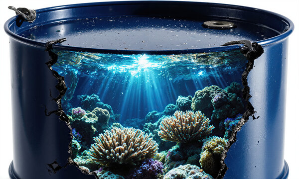 A broken oil barrel transforming into a luminous coral reef, underwater wide-angle capture with glowing reef detail and metallic texture