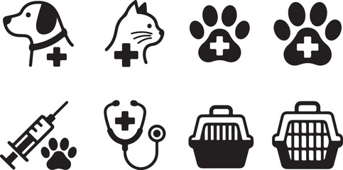 Set of eight black and white pet care icons with medical and travel themes Vector © rohan