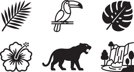 Obraz premium Black and white tropical nature icons set with leaf, toucan, hibiscus, panama leaf, jaguar, and hut Vector