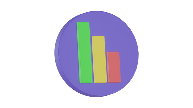 A 3D bar chart icon composed of green, yellow, and red vertical columns decreasing in height, set against a circular purple background badge
