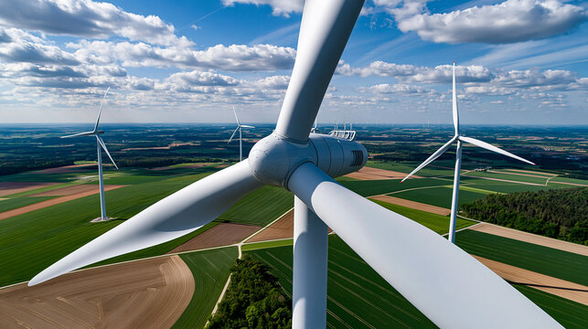 Windr&auml;der drehen sich &uuml;ber gr&uuml;nen Feldern unter bew&ouml;lktem Himmel aus der Vogelperspektive