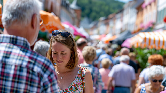 Junge Frau mit Sonnenbrille schlendert l&auml;chelnd &uuml;ber belebten Sommermarkt