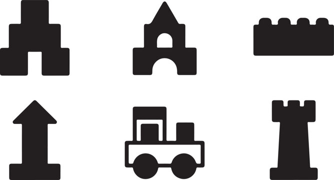 Six black lego-style building and transport icons set Vector