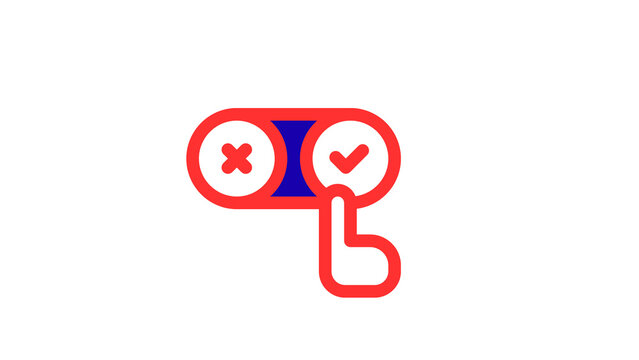 A minimalist vibrant red line icon featuring a hand or finger clicking a toggle switch turned to the right position to select a checkmark over a cross mark, highlighted with a dark blue center accent.