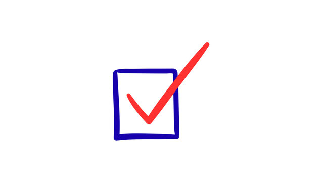 A minimalist, hand-drawn style vector illustration of a bright red checkmark indicating approval or verification, placed inside a simple dark blue checkbox outline.