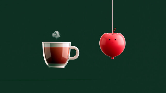 Dampfende Kaffeetasse steht neben rotem Apfel an Schnur auf dunkelgr&uuml;nem Hintergrund