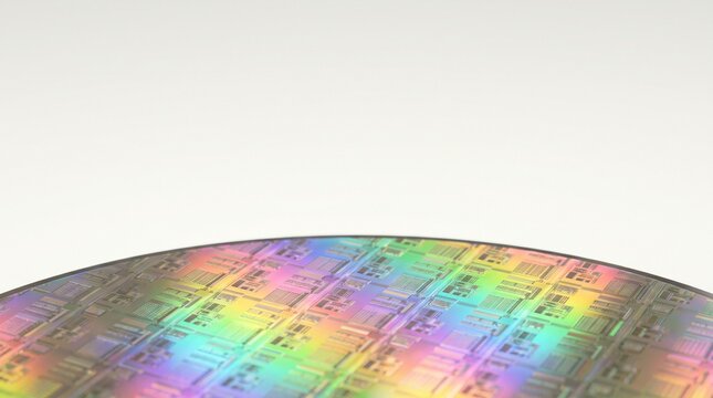 Detailed silicon wafer featuring intricate microchip circuitry patterns with vibrant rainbow iridescent reflections captured in a high resolution studio shot