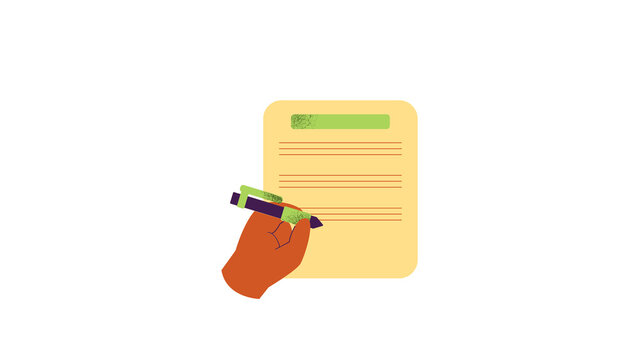 A textured vector illustration of a hand holding a green and purple pen while writing on a yellow paper document with a green header bar.