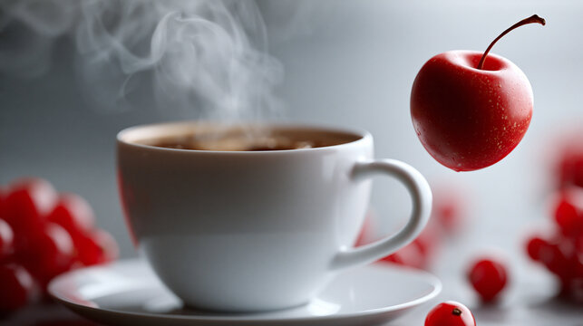 Wei&szlig;e Kaffeetasse dampft neben schwebender roter Kirsche auf hellem Hintergrund