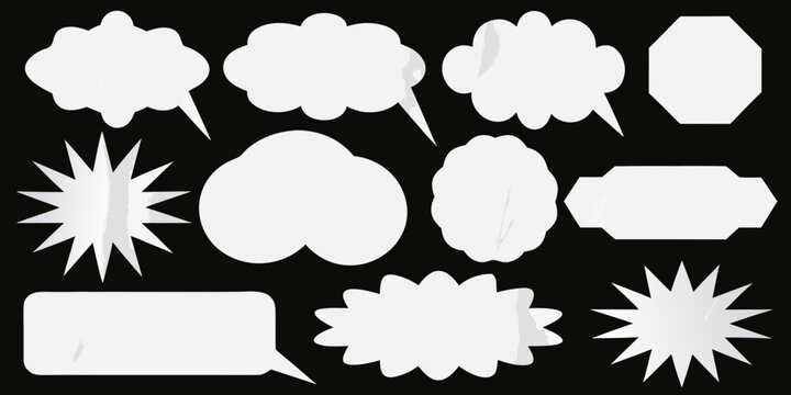 Crumpled paper speech bubbles and geometric shapes on a black background