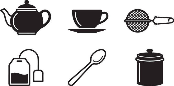 Black and white tea set icons including teapot, cup, strainer, teabags, spoon and jar Vector