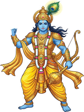 Hindu God Lord Krishna Vishnu with Bow and Gada Vector Illustration