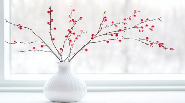 colorimetry. Silverberry branches with silvery leaves and red berries in a ceramic vase. gardening catalogs, home-decor guides, designed for home decor and floral branding, used by sports marketers.