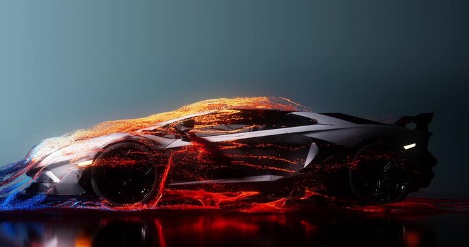 A sleek sports car is wrapped in glowing orange and blue particle streams that visualize airflow and aerodynamics rushing over its body.