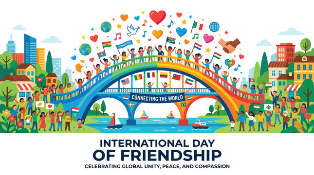 Vibrant illustration celebrates International Day of Friendship with diverse people and symbols on a colorful bridge