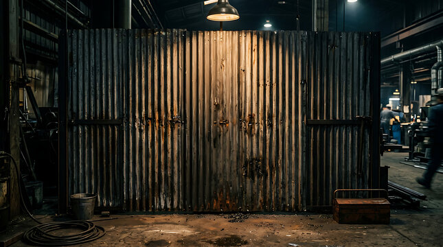 Industrial corrugated metal wall inside a dark workshop factory.