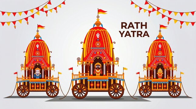 Three colorful rath yatra temple chariots with festive bunting flags for the hindu festival celebration in india