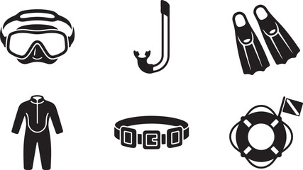Set of six black and white scuba diving and swimming icons Vector © rohan