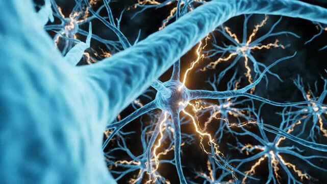 A detailed visualization of a complex neural network with electrical impulses connecting nerve cells.