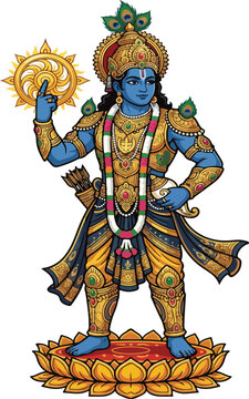 Hindu God Lord Krishna with Sudarshan Chakra Vector Illustration