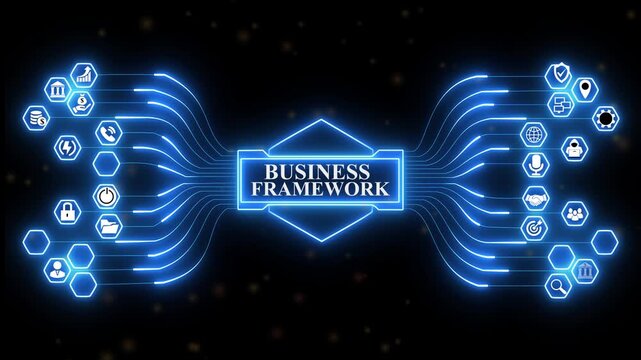 Business Framework dashboard displaying corporate structure interface with secure digital process management system and advanced technology concept..4k animation video..