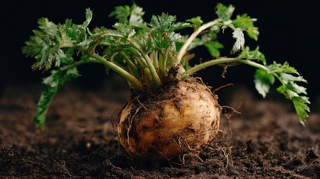 maca. A full Maca plant with green leaves and rough-textured root on dark soil. gardening catalogs, home-decor guides, designed for home decor and floral branding, celebrates nature.