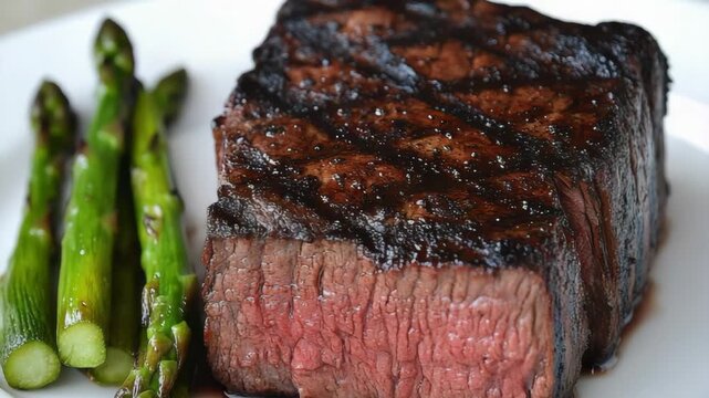 selective focus juicy grilled beef steak with charred bell peppers zucchini and asparagus