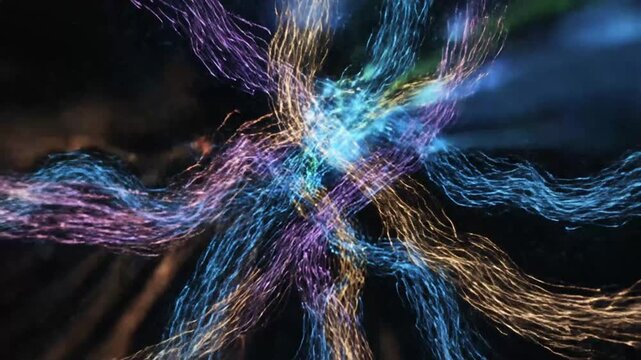 Abstract swirling light trails moving into dark spatial void.