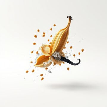Vanilla bean split, seeds exploding midair. Light background emphasizes rich color, texture. Delicate splash creates dynamic visual.