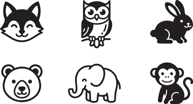 Set of six cute animal icons in black and white style Vector
