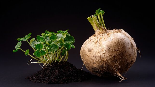 maca. A full Maca plant with green leaves and rough-textured root on dark soil. gardening catalogs, home-decor guides, designed for home decor and floral branding, celebrates nature.
