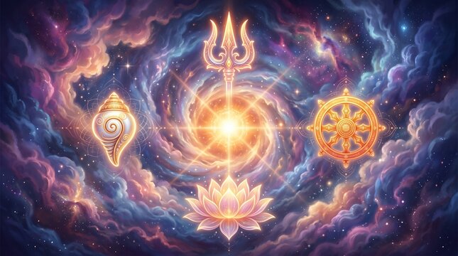 Spiritual Kalki Jayanti Illustration Featuring a Radiant Golden Aura with Ancient Sacred Symbols and Heavenly Clouds in a Mystical Divine Setting