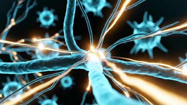 Microscopic view of neural network connections transmitting electrical impulses
