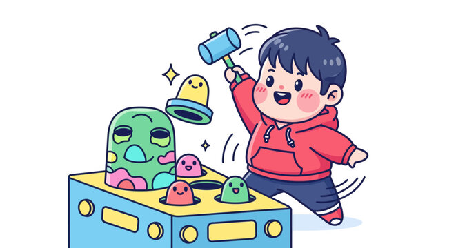 Happy Child Playing Whack a Mole Toy Game.