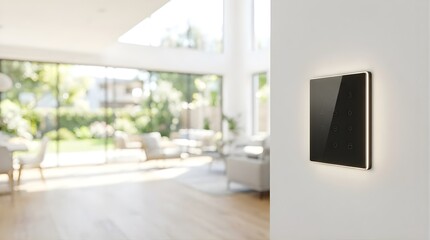 Fototapeta premium Smart home security keypad mounted on white wall in modern living room