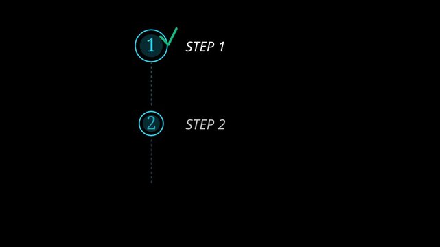 Animated progress checklist with checkmarks and step indicators on animation black background