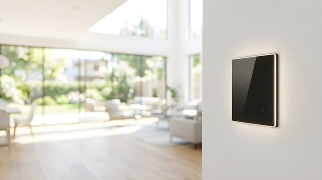 Smart home security keypad mounted on white wall in modern living room