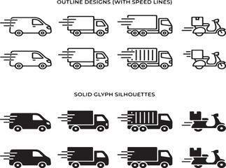 Naklejka premium Express Delivery Vehicle Icon Set with Shipping Van Truck and Scooter Vector Illustration