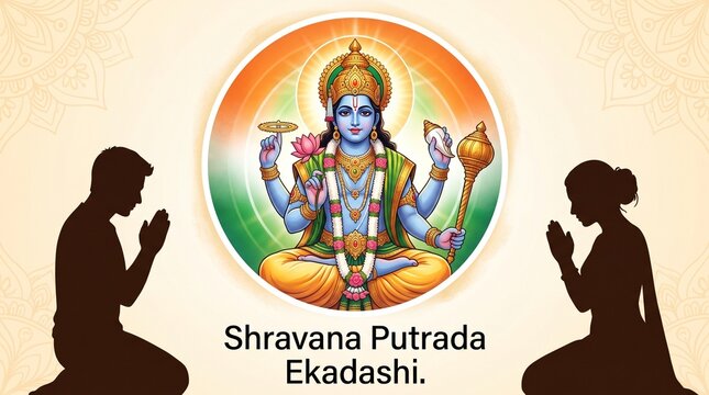 Illustration of praying to Lord Vishnu during Shravana Putrada Ekadashi, Generative ai