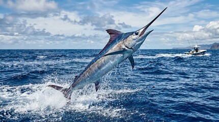 Fototapeta premium Blue marlin jumping out of the ocean with splash. Concept of wildlife, sea life, ocean, and sport fishing made by AI generative