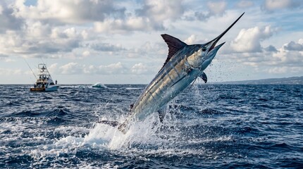 Fototapeta premium Blue marlin fish leaping from the ocean with splash,Concept of sport fishing, wildlife, adventure, and power. Represents freedom and strength in nature made by AI generative