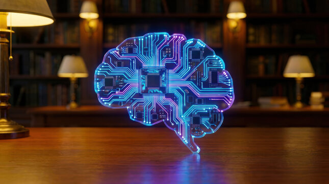Artificial intelligence concept with glowing circuit brain on wooden table in library room with warm lighting