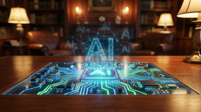 AI technology circuit board digital network futuristic glowing lines hologram library wooden table leather chair lamp