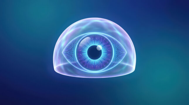 Digital eye with circuit pattern inside translucent dome, symbolizing futuristic technology and cyber protection in glowing blue environment
