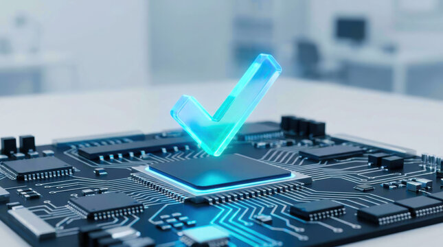 Holographic checkmark above computer chip on circuit board symbolizing technology approval and digital success